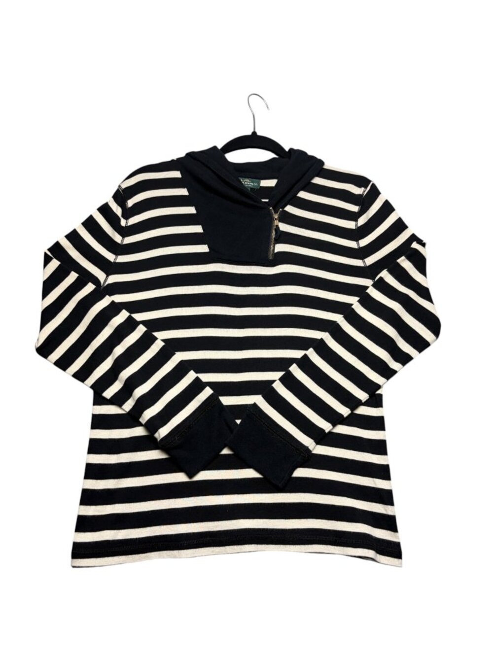 LRL Lauren Jeans Co Size L Quarter Zip Stripe Shirt Top Shawl Collar Black White